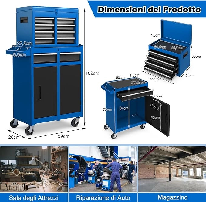 Cassettiera Portautensili a 4 Cassetti, Carrello per Attrezzi con Ruote Bloccabili Ripiano Regolabile e Rivestimento Antiscivolo, 59 x 28 x 102 cm (Blu + Nero)