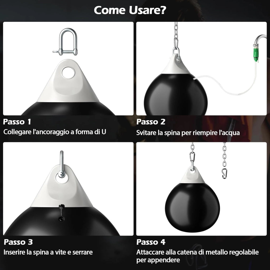 Sacco da Boxe ad Acqua da 51,5 cm, Sacco Anti-Perdite con Tubo di Riempimento d'Acqua, Catena in Metallo, Gancio e Croce, Sacco per Allenamento per Adulti e Bambini