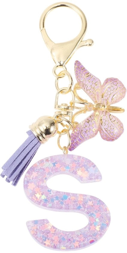 Sleutelhanger con lettera S - Farfalla Sleutelhanger - Regalo per Donne - Hars/Legering - Lunghezza Totale 9,3 cm - Lunghezza Asta 4 cm - Anello di Chiusura