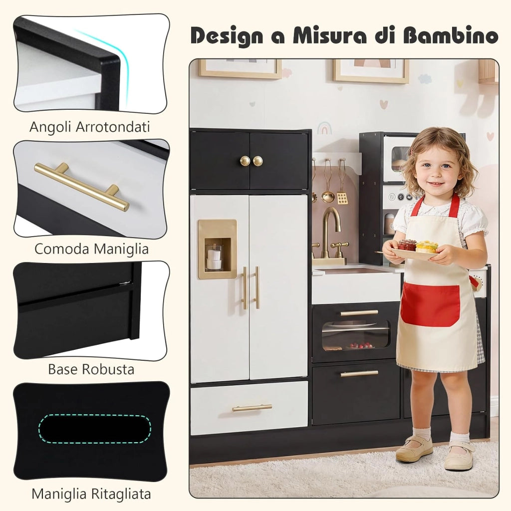 Cucina Giocattolo per Bambini, Set Cucinetta in Legno con Luci e Suoni Realistici, Fornelli, Lavello, Rubinetto, Forno, Microonde, Macchina del Caffè, Gioco di Finzione Chef per Bambini 3+