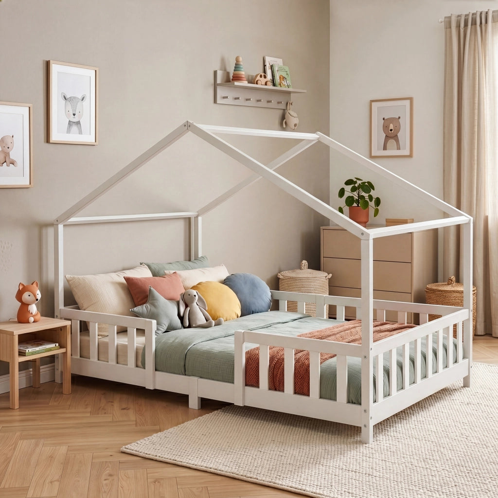 Letto per Cameretta Treviolo a Forma di Casetta in Stile Montessori 140x200 cm Bianco [en.casa]