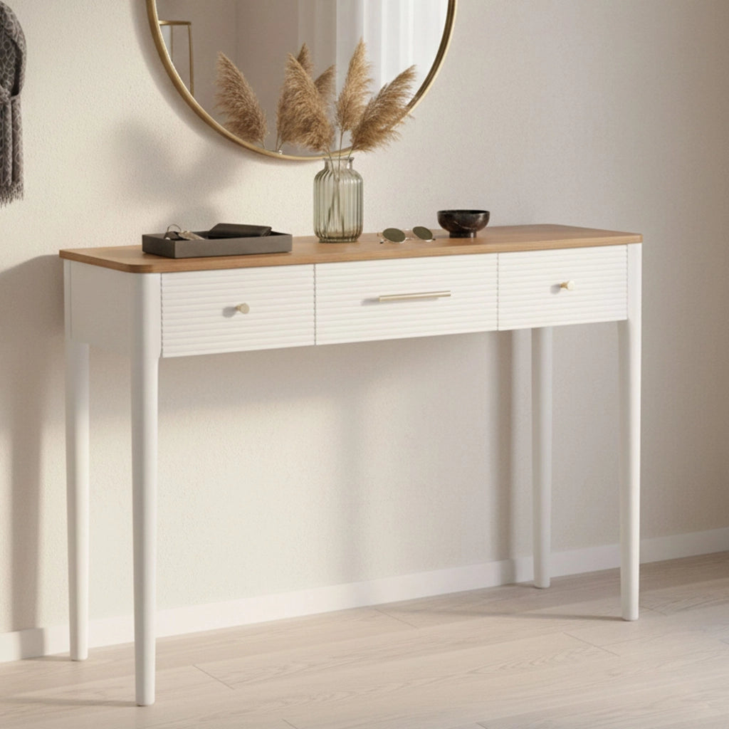 Consolle Crypto, Tavolo multiuso, Mobiletto d'appoggio, Scrivania da corridoio, 107x37 h80 cm, Bianco e Marrone