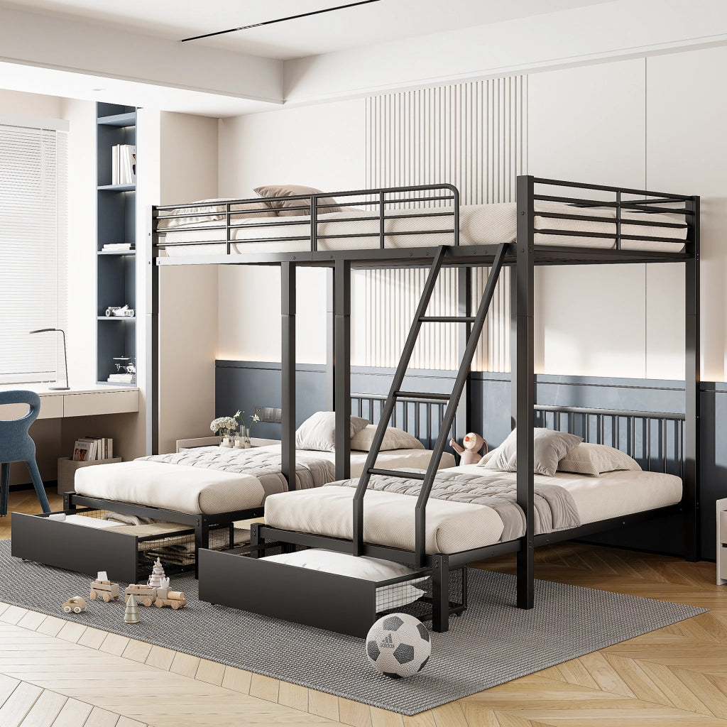 Letto a castello triplo con cassetti metallo nero 140x200 cm