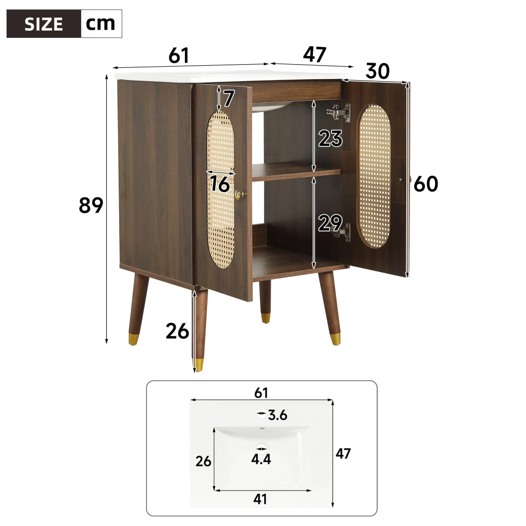 Mobile da bagno con lavabo in ceramica, ante in vimini traspiranti, spazio contenitivo, senza rubinetto, color noce