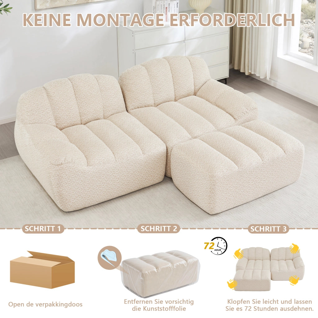 Divano angolare modulare senza struttura con pouf, seduta profonda in fleece beige bianco 210 × 165 × 79 cm
