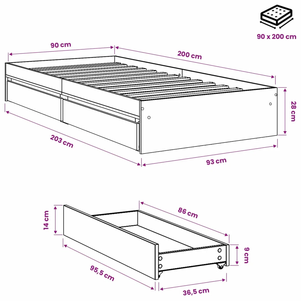 Giroletto Cassetti Grigio Sonoma 90x200 cm Legno Multistrato 3280683