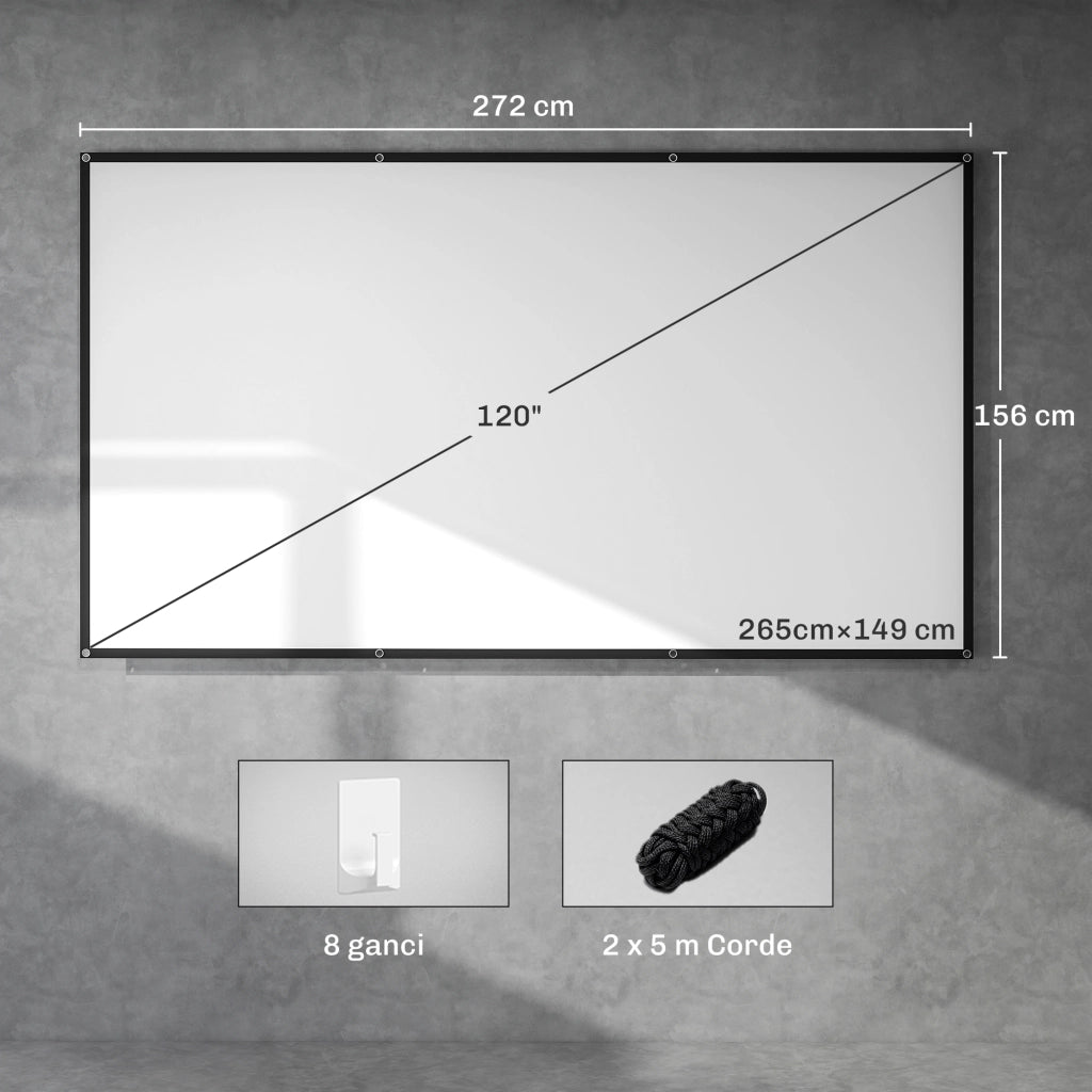 Telo per Proiettore 120" 16:9 HD 4K-8K Pieghevole e Portatile Antipiega e Lavabile Bianco