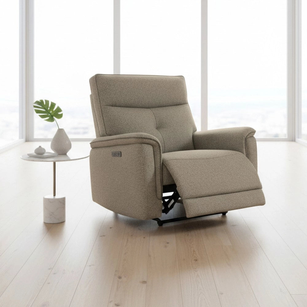 Poltrona relax Elysio con recliner elettrico in tessuto sabbia