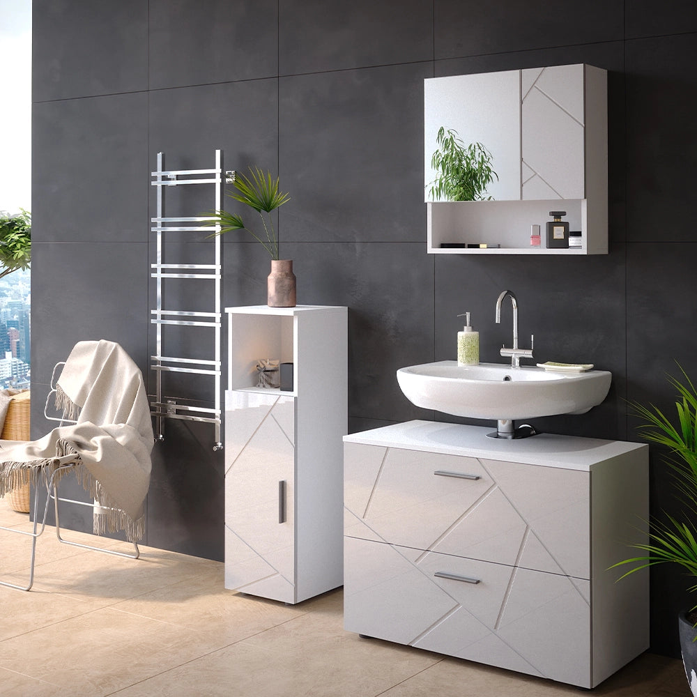 Vicco Set mobili bagno Bianco lucido 3 parti, con mobile midi