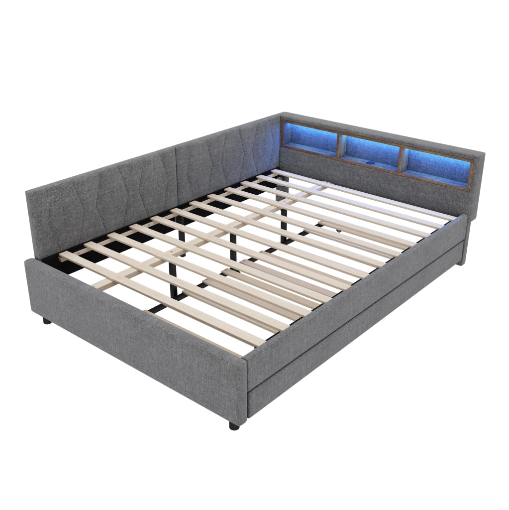 Letto 140x200 cm estraibile con LED; vano portaoggetti e USB in lino grigio