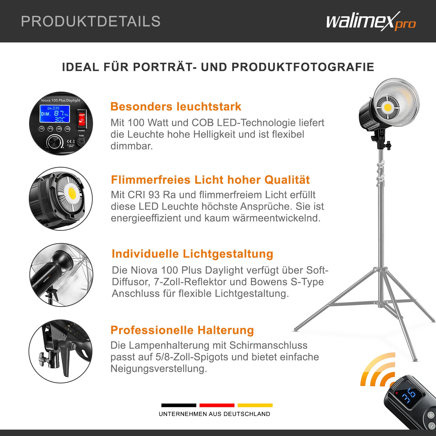 Niova Plus Daylight, Faretto LED per fotografia, luce video 100 W dimmerabile, con riflettore Bowens e diffusore, con tecnologia COB-LED, per studio fotografico