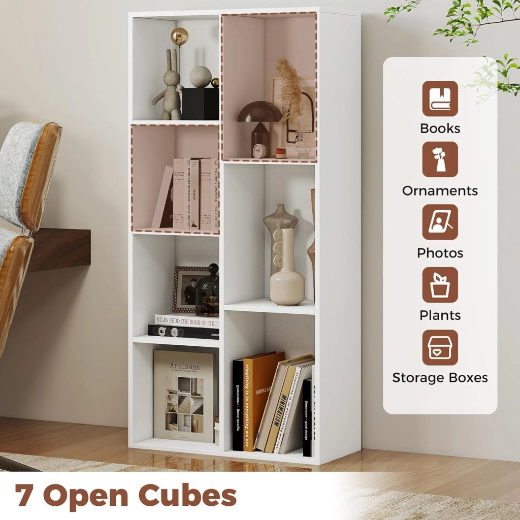 Libreria Verticale con 8 Cubi, Mobile Contenitore in Legno, con 2 Dispositivi Antiribaltamento, Libreria Scaffale per Soggiorno, Camera da Letto, Ufficio, 49,5 x 23 x 106 cm (Bianco)