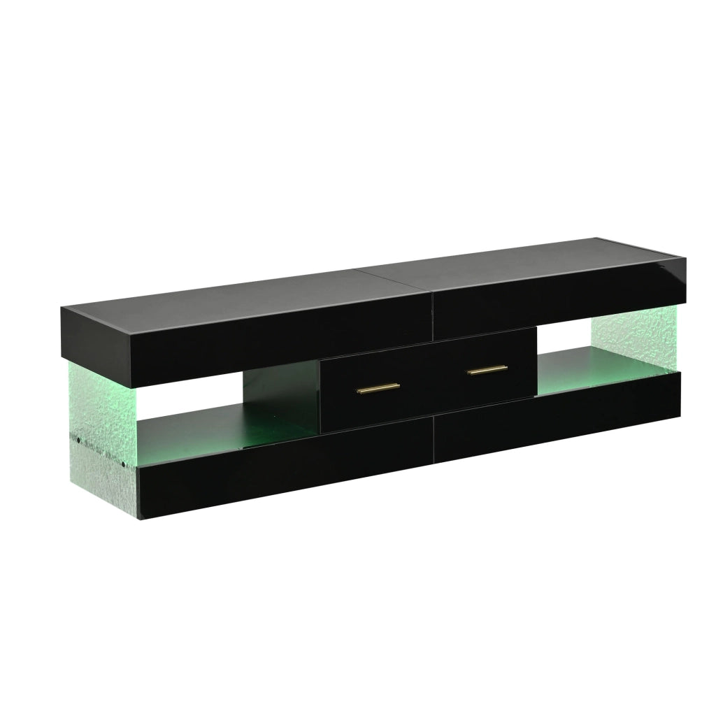 Mobile porta TV con LED, 2 cassetti e 4 vani, in pannello truciolare e acrilico nero, 152 × 35 × 40 cm