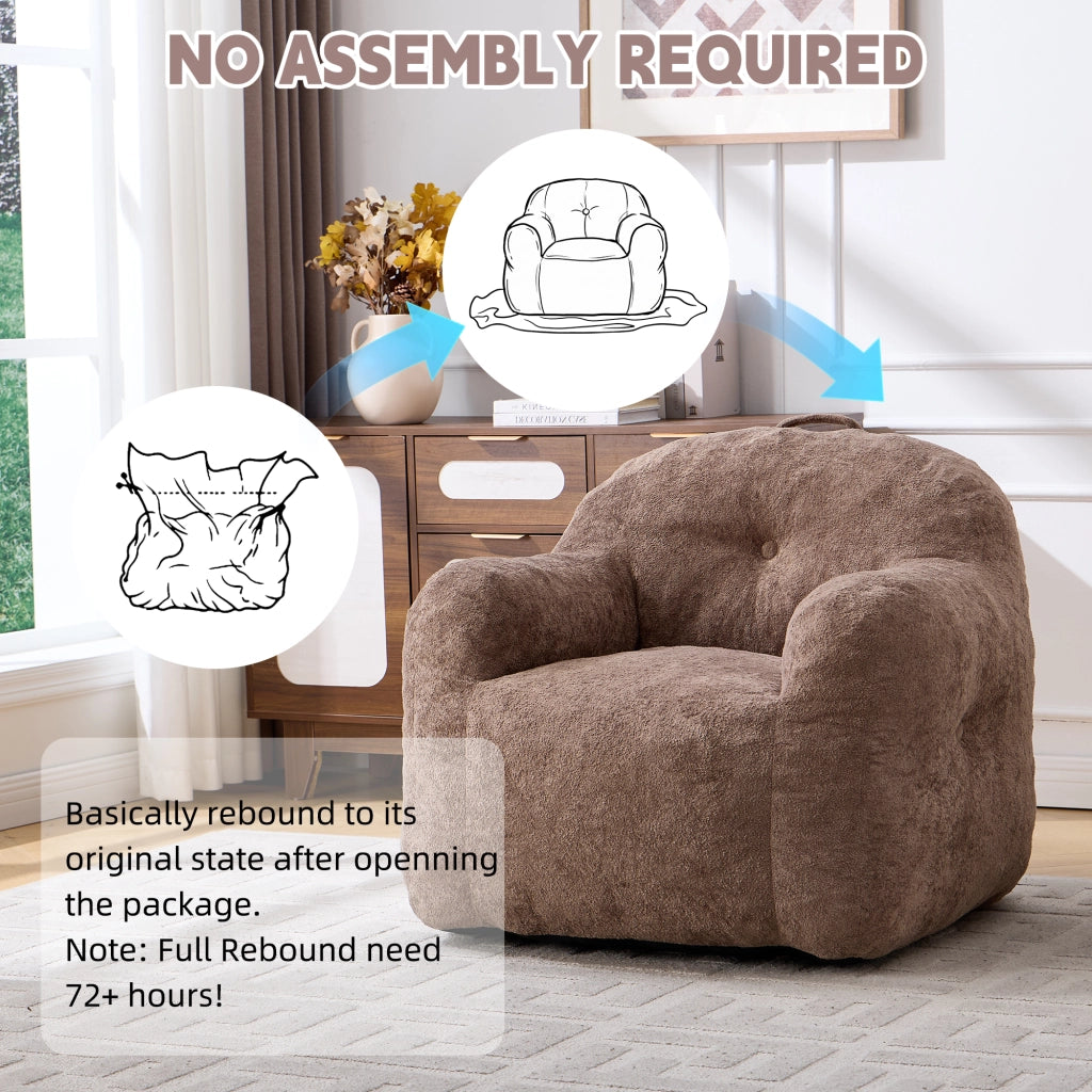 Pouf poltrona ergonomico con imbottitura in schiuma triturata e braccioli in pelliccia sintetica kaki