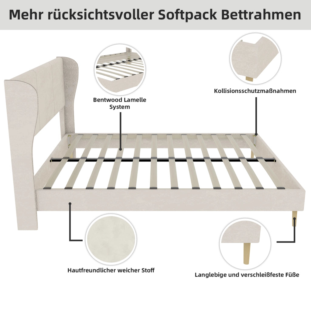 Letto Matrimoniale 140x200 cm in Tessuto e Metallo; Beige - Testiera Imbottita