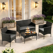 Set da giardino per 4 persone in PE rattan nero con tavolino in vetro temperato