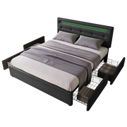 Letto con Cassetti 140 x 200 cm; Letto Matrimoniale con 4 Cassetti; Testiera Regolabile e LED; senza Materasso; Nero