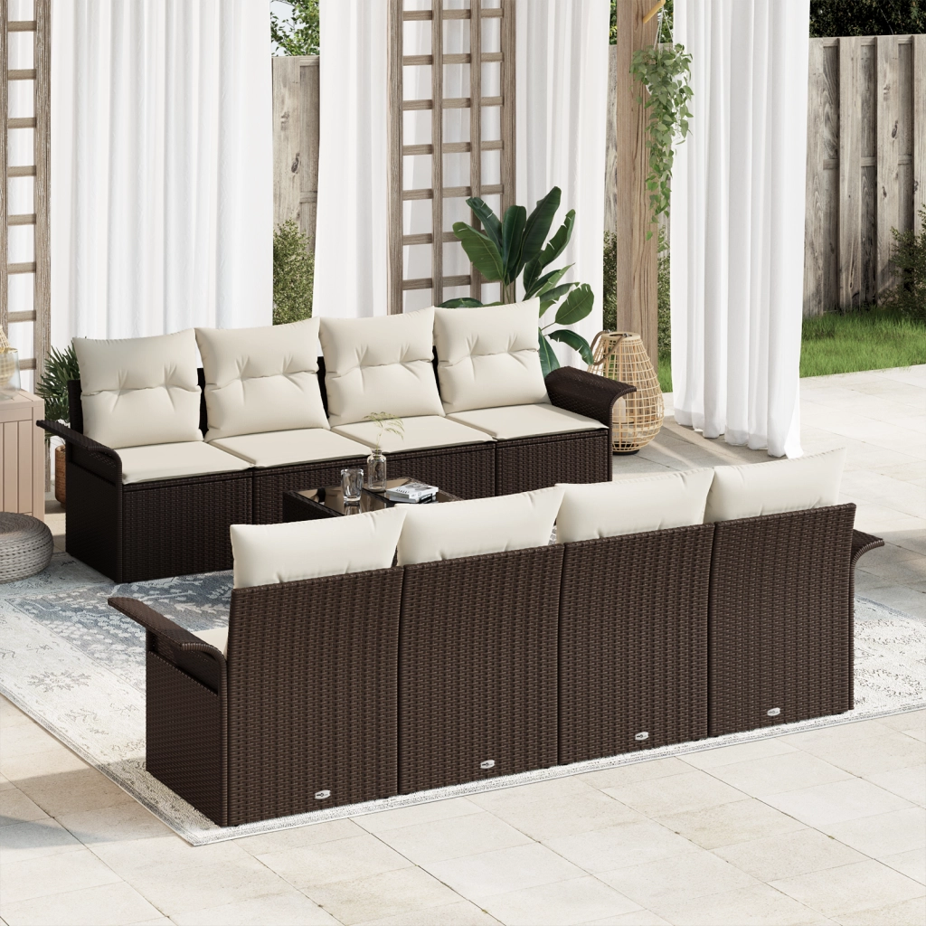 Set Divano da Giardino a 9 Pezzi con Cuscini Marrone Polyrattan