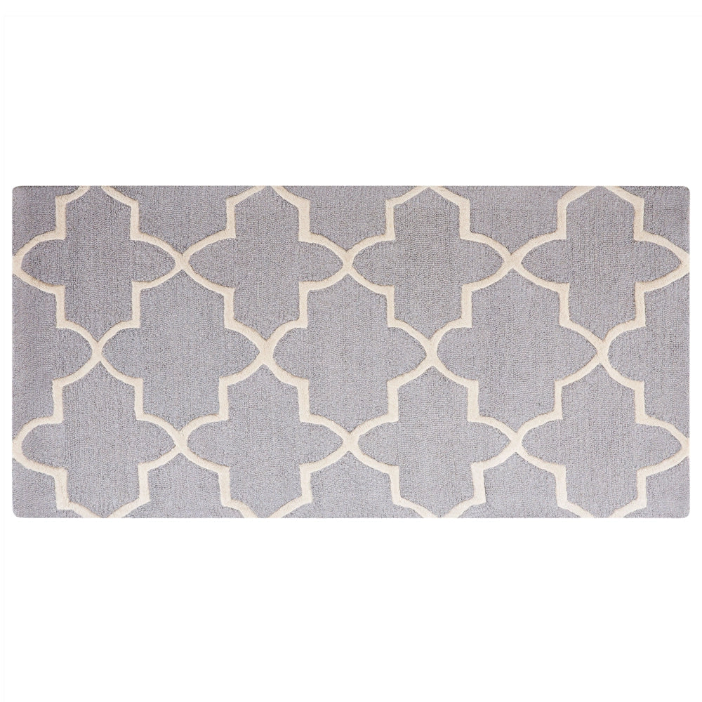 Tappeto Grigio Lana 80 x 150 cm Traliccio Motivo Quadrifoglio Trapuntato a Mano Orientale Trifoglio Marocchino