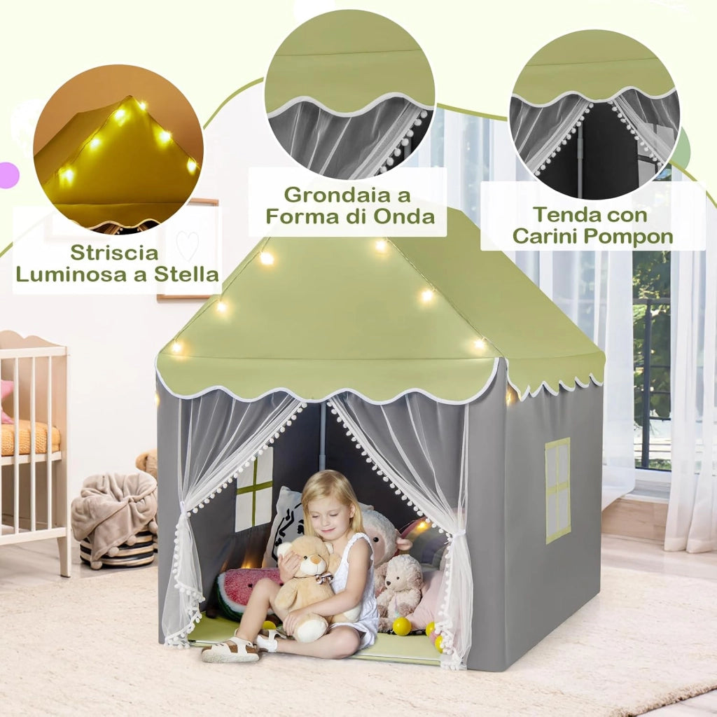 Tenda da Gioco per Bambini, Tenda Castello con Tappetino Lavabile, Luci a Forma di Stella, per Interno ed Esterno, 105 x 121 x 136 cm (Stile 2 Verde)