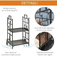 Portalegna in Ferro Battuto con Attrezzi per Camino, Manici e Base Rialzata, 51.5x33x77cm, Nero