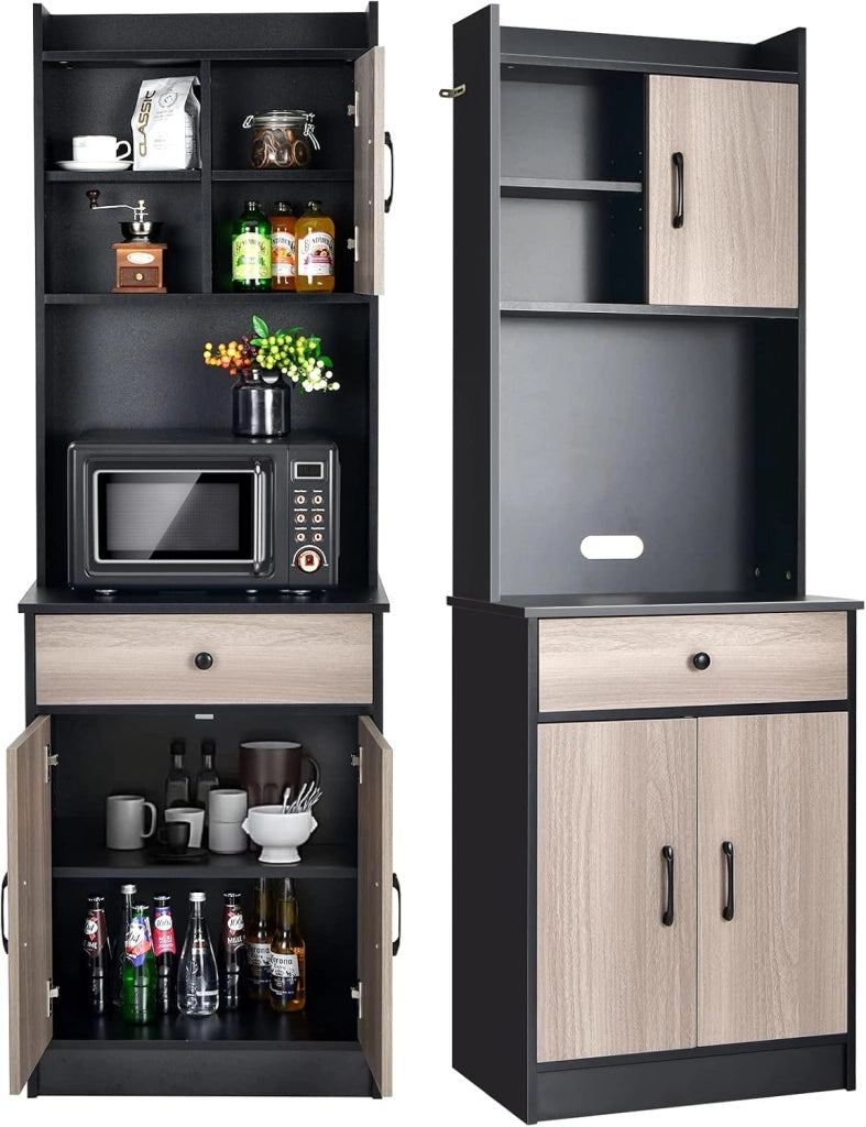 Armadio da Cucina Alto 180 cm, Credenza Alta da Cucina Multiuso, Mobile Buffet con Cassetto e Ripiani Regolabili, Mobiletto Cucina Salvaspazio Credenza, 60x40x180 cm, 2 Colori (Nero)