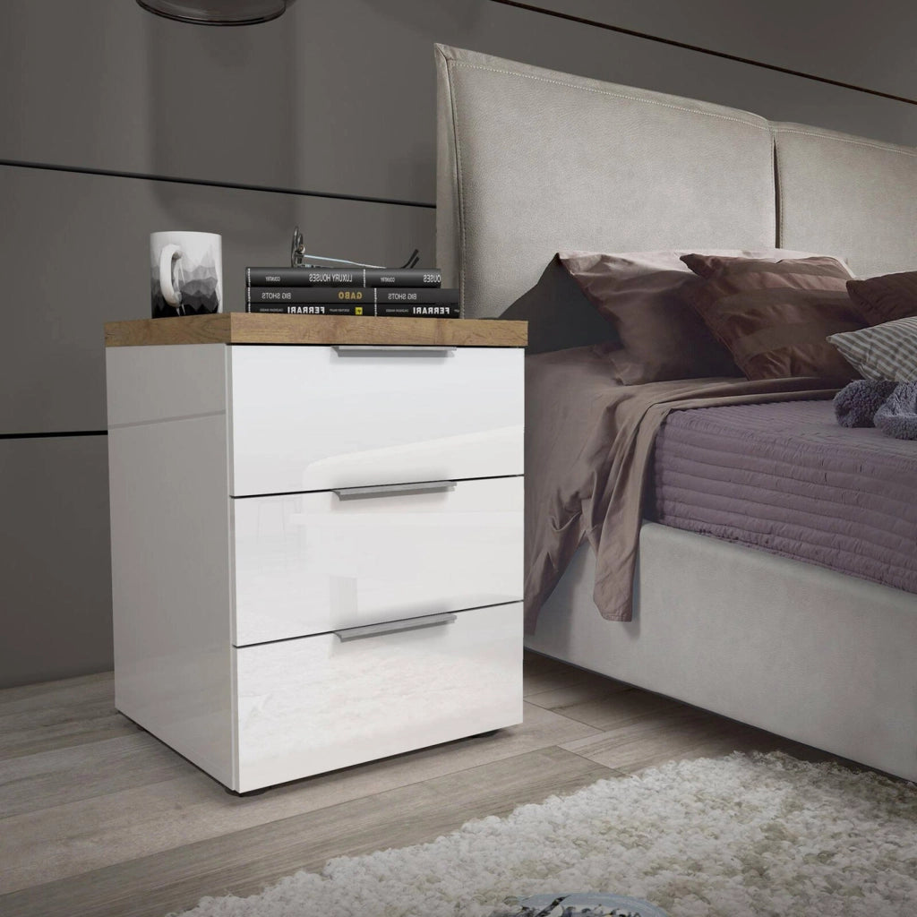 Aucuba, Comodino 3 Cassetti Made in Italy, 45x43x55h cm Bianco Lucido
