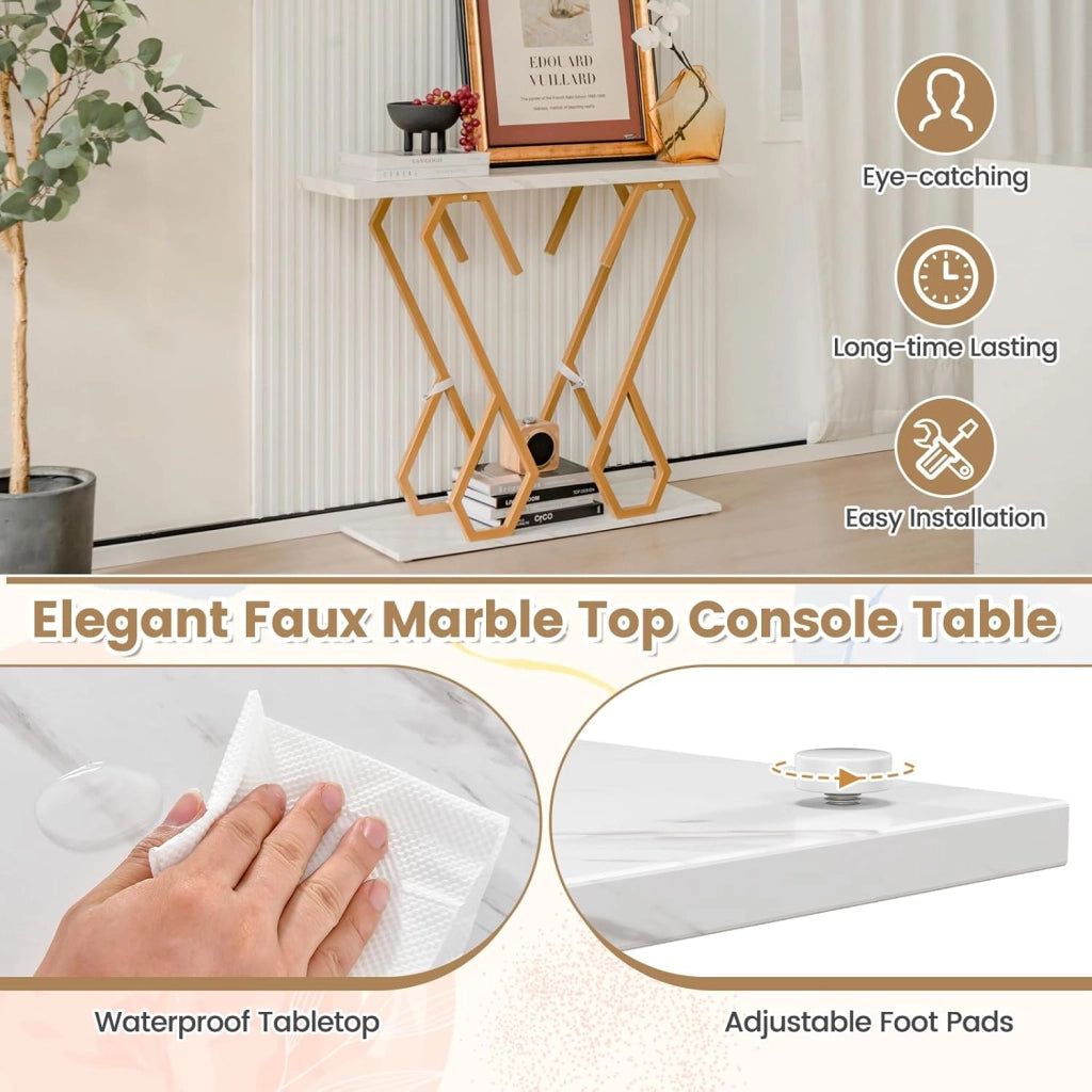 Consolle effetto marmo, tavolo da ingresso tavolo da ingresso struttura in metallo a forma di farfalla, tavolino stretto tavolino da caffè con 2 ripiani, credenza lunga, credenza da tavolo