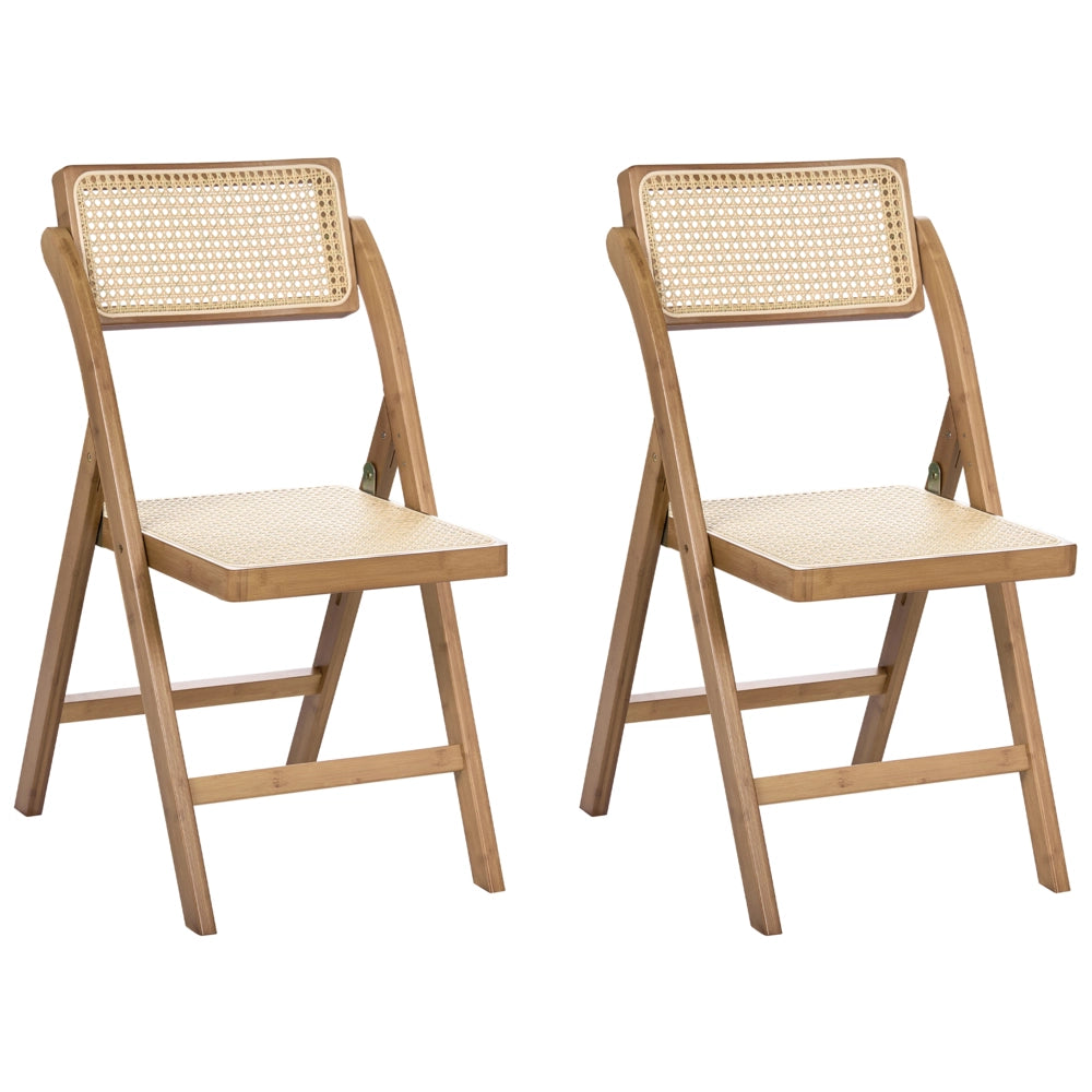 Set di 2 sedie da pranzo in legno di bambù marrone e rattan PE pieghevoli in stile boho per cucina e sala da pranzo