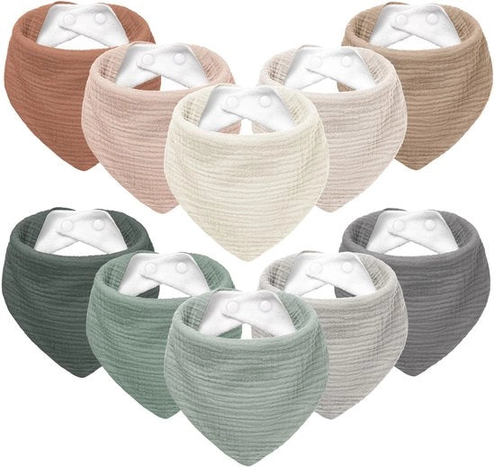 Set di fasce per bambini con clip, mussola per ragazzi e ragazze, fasce per bambini regolabili con sciarpa al collo, 10 pezzi (grigio-verde)