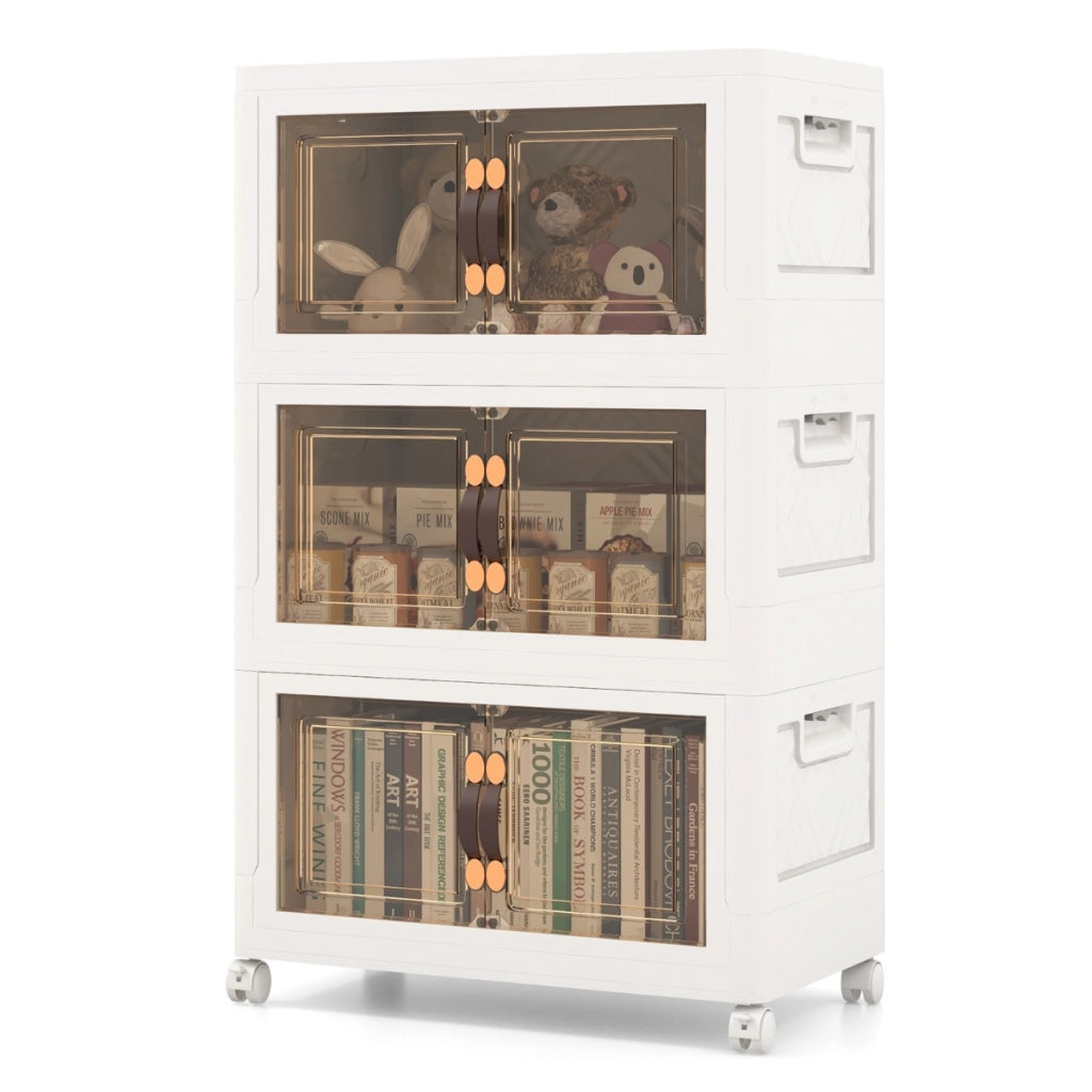 Set di contenitori impilabili con ruote bloccabili, Mobile in PP pieghevole con coperchi Bianco 49,5x31,5x86cm-Cassettiere
