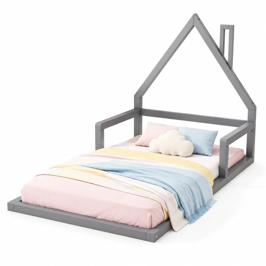 Letto per bambini 90x200 cm a forma di casa, grigio, in pino massiccio e MDF