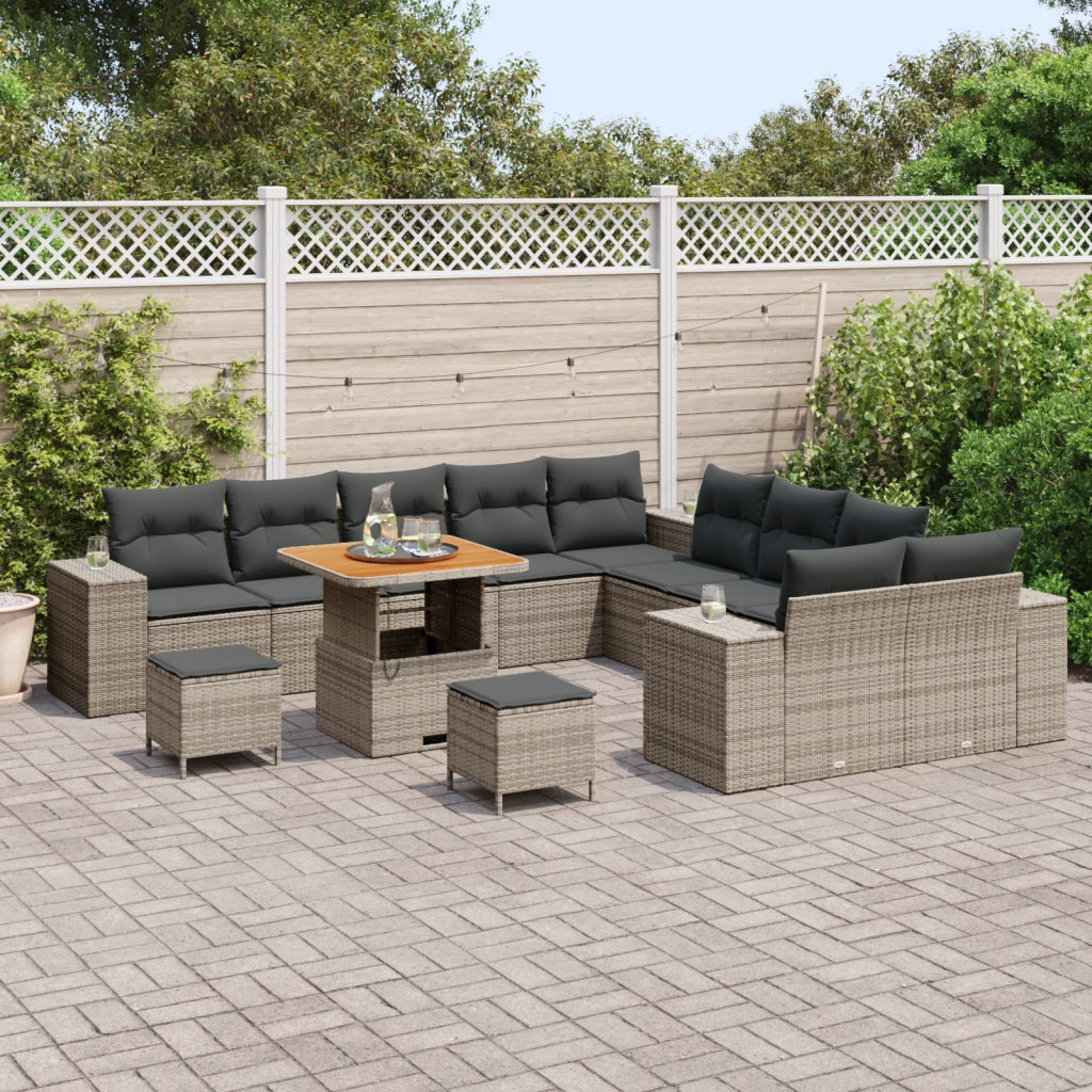 Set Divano da Giardino a 13 Pezzi con Cuscini Grigio Polyrattan Acacia