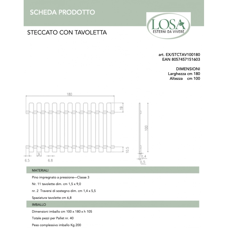 Steccato in legno impregnato 10 pannelli 180x100 cm per recinzioni giardino - Esterni da Vivere