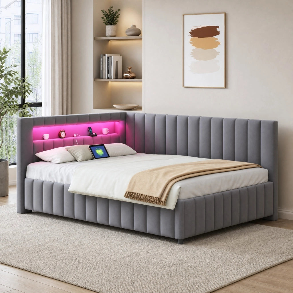 Divano letto imbottito a L 140x200 in velluto con LED e USB Grigio