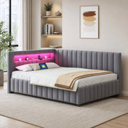 Divano letto imbottito a L 140x200 in velluto con LED e USB Grigio