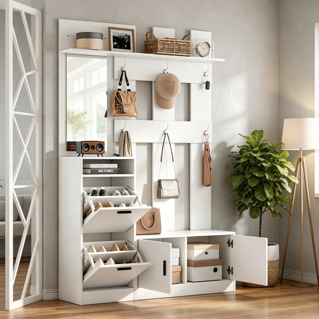Mobili da ingresso con scarpiera ribaltabile, specchio e 6 ganci, vani aperti, in MDF, bianco, 120 × 30 × 180 cm