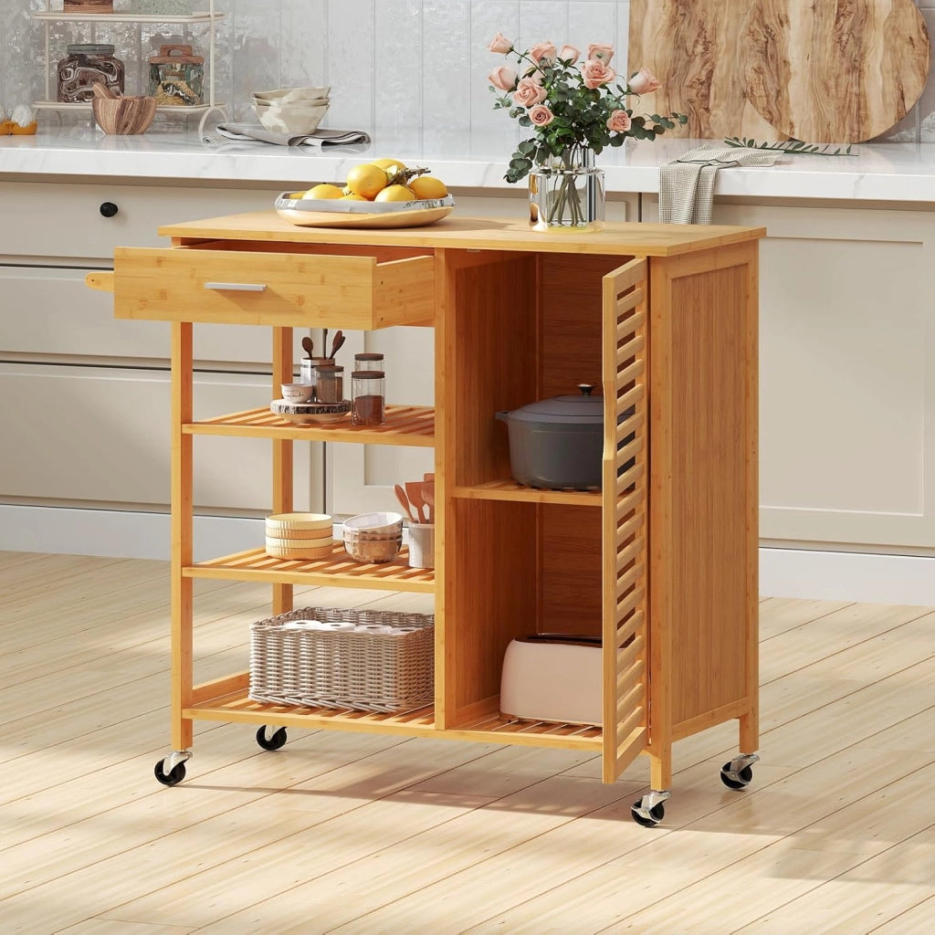 Carrello da Cucina con Ruote, Carrello Credenza in Bambù con Piano Spazioso, Cassetto, 3 Ripiani, Armadietto e Portasciugamani per Cibo, Stoviglie e Utensili da Cucina