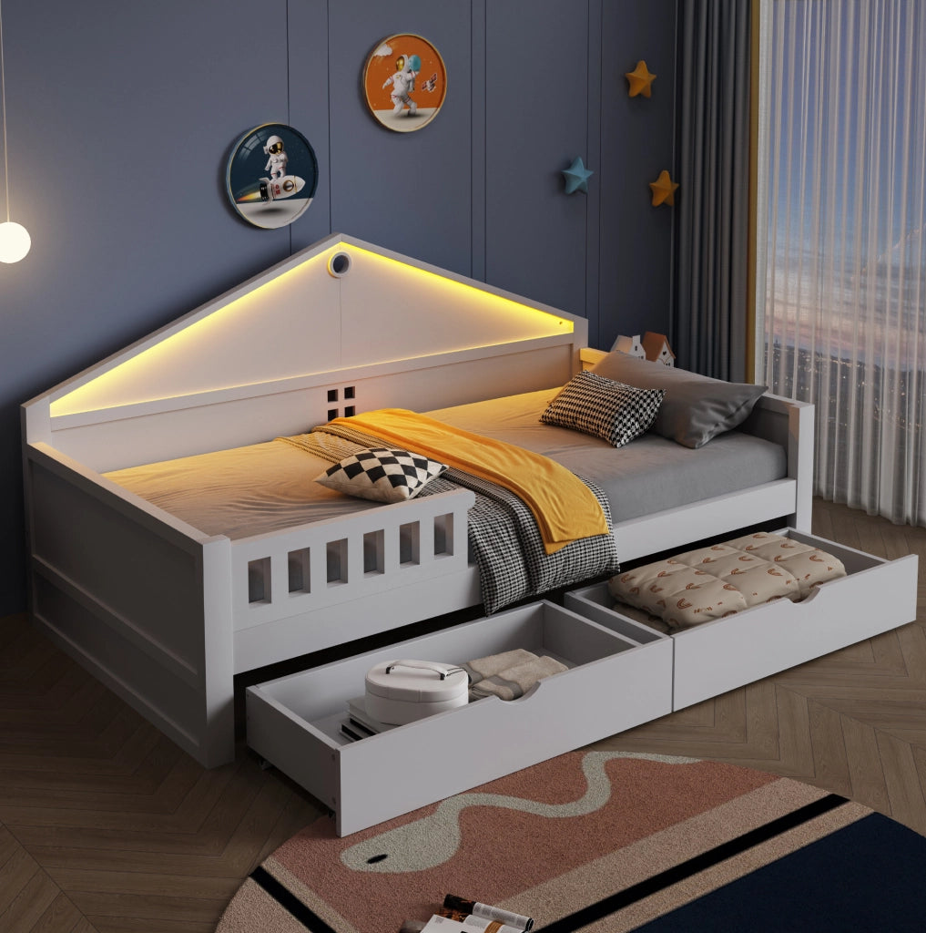 Letto singolo 90x200 cm in legno con LED e cassetti, base con rete a doghe, bianco