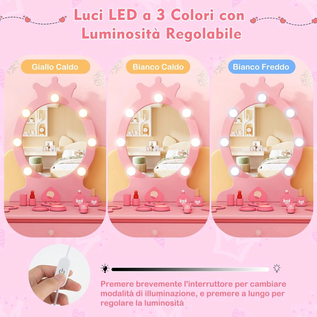 Set Toeletta Trucco per Bambina con Sgabello, Specchiera Trucco Staccabile con Luci LED a 3 Colori, Postazione Trucco Giocattolo con Cassetto e Accessori, per Bambine di 3-7 Anni (Rosa)