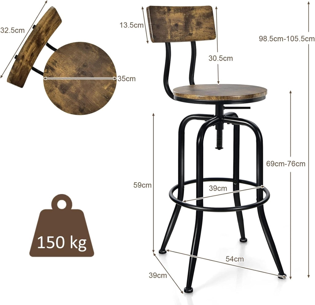 Set di 2 Sgabelli da Bar, Sgabello Girevole con Schienale Staccabile e Poggiapiedi, Altezza Regolabile da 69-76 cm, per Casa Cucina Bar