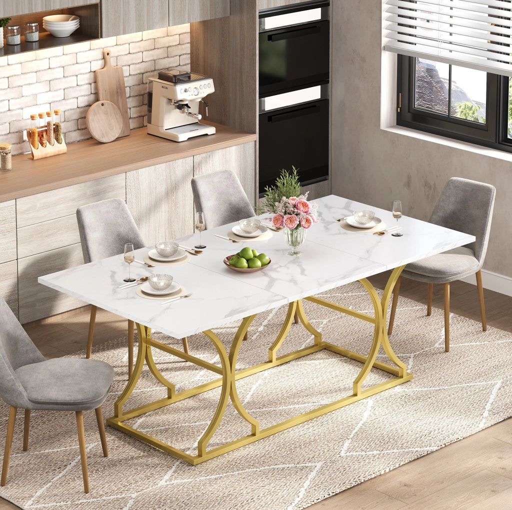Tavolo da pranzo effetto marmo 200x80 cm bianco e oro