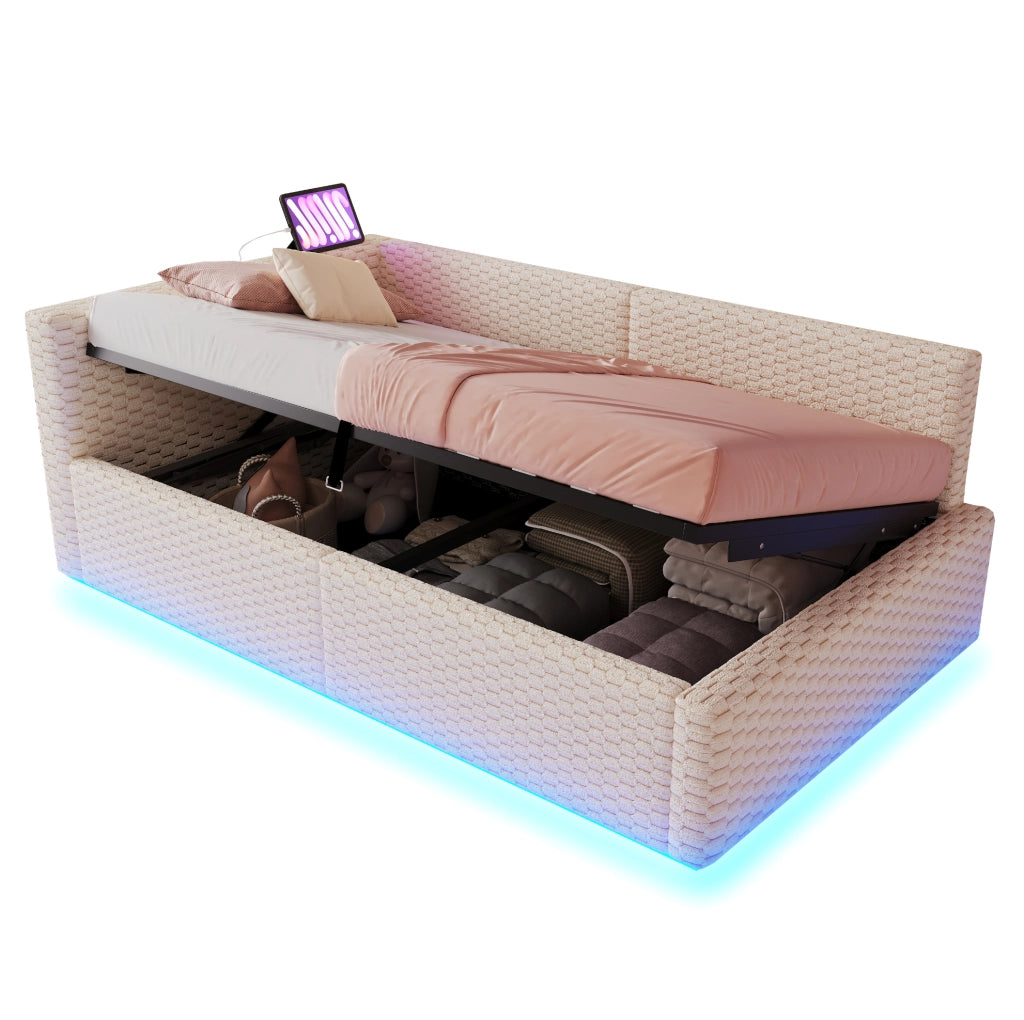 Letto multifunzione 90x200 cm con LED, ricarica USB-C e vano contenitore