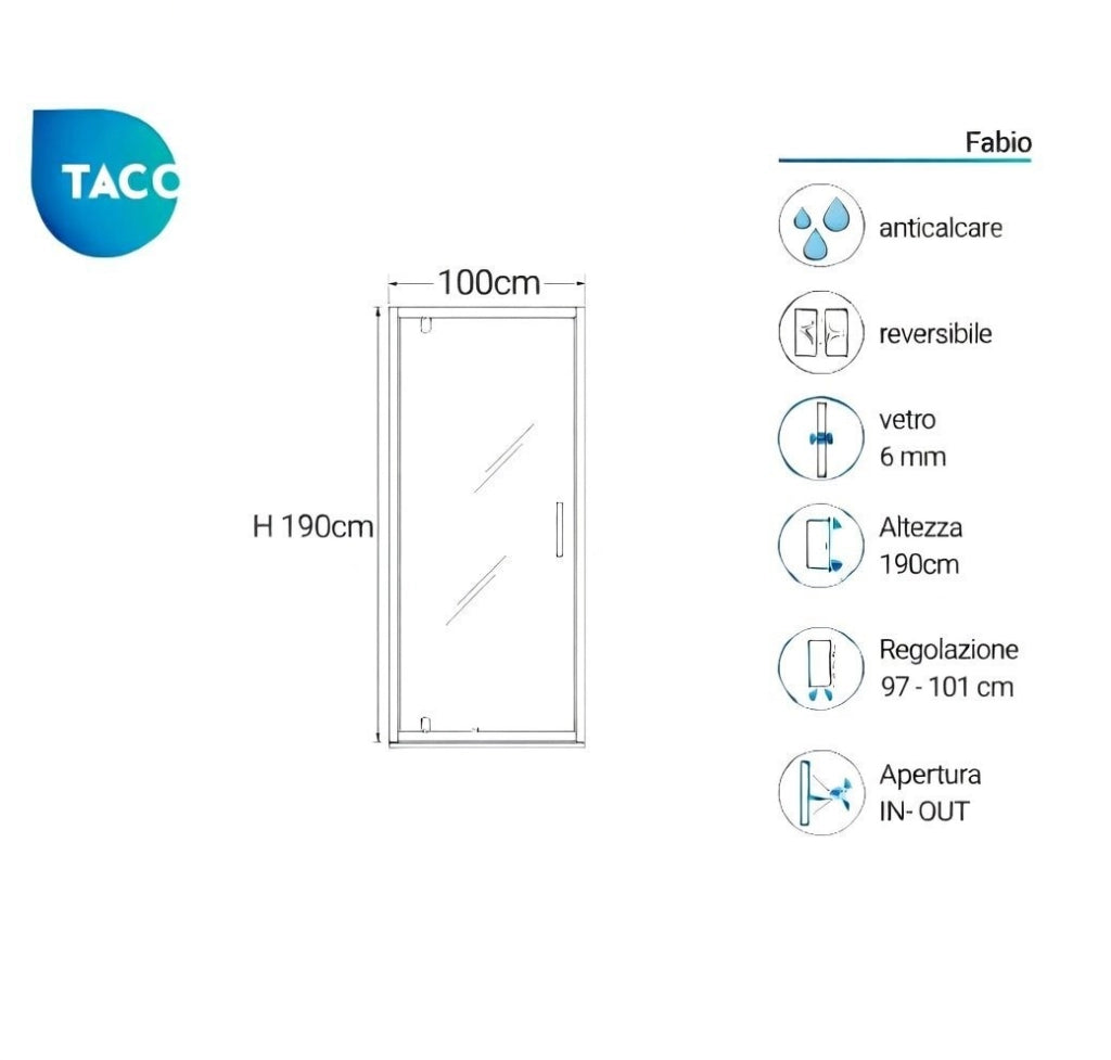 Box doccia nicchia 100 cm porta battente H190 cm FABIO - Cromato Lucido