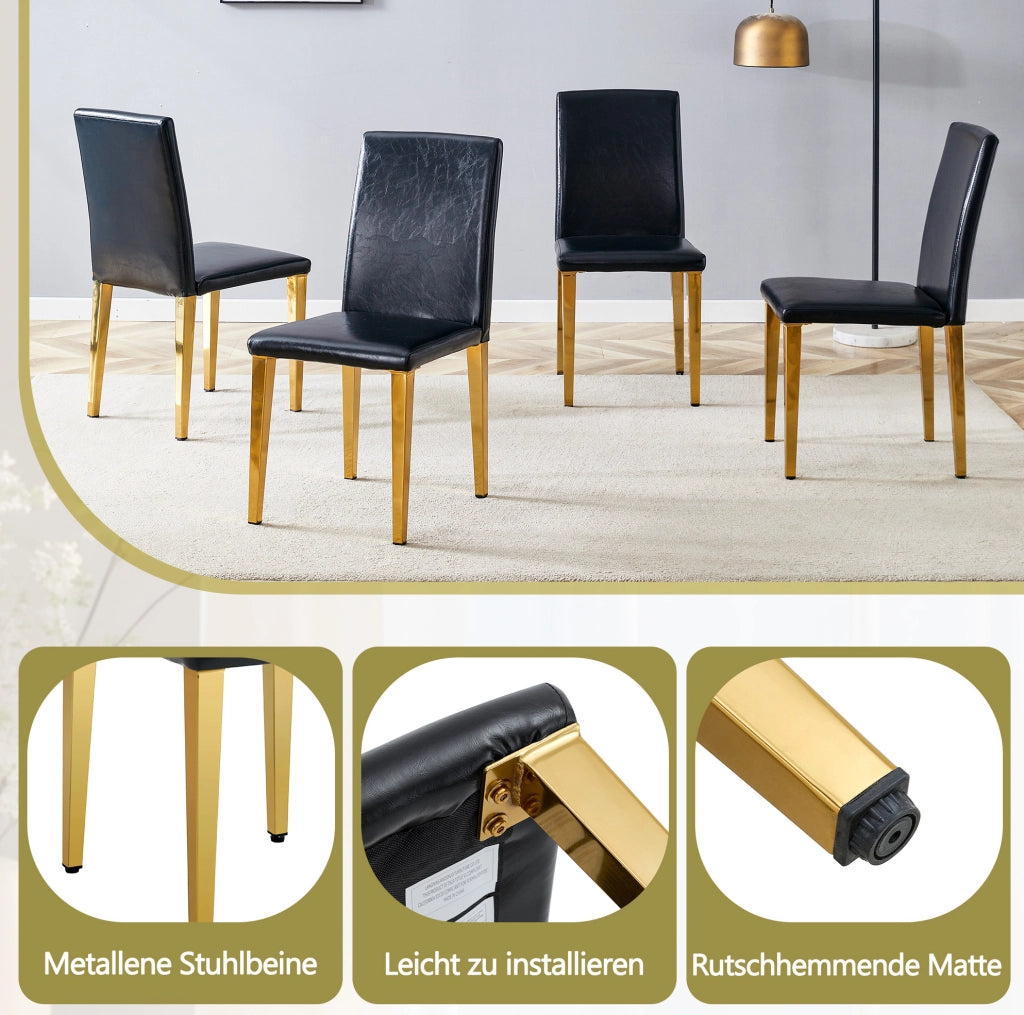 Set di 4 sedie da pranzo moderne in PU nero e metallo oro; 90 cm