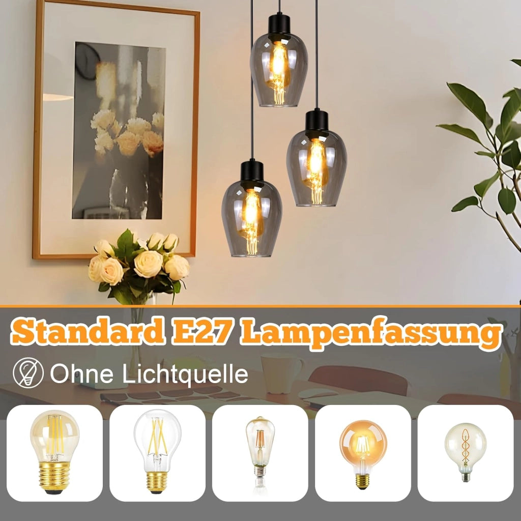 ZMH Lampada a Sospensione 3 Luci Retro Vintage Vetro Fum¨¦ E27 per Sala da Pranzo Cucina Hotel Soggiorno Senza Lampadina