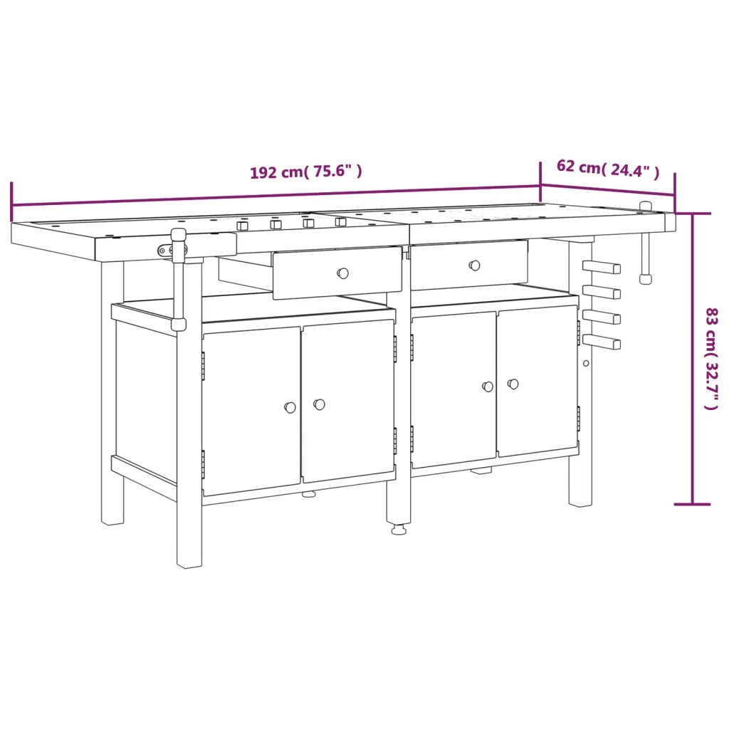 Banco Lavoro Cassetti e Morse 192x62x83cm Legno Massello Acacia 153326