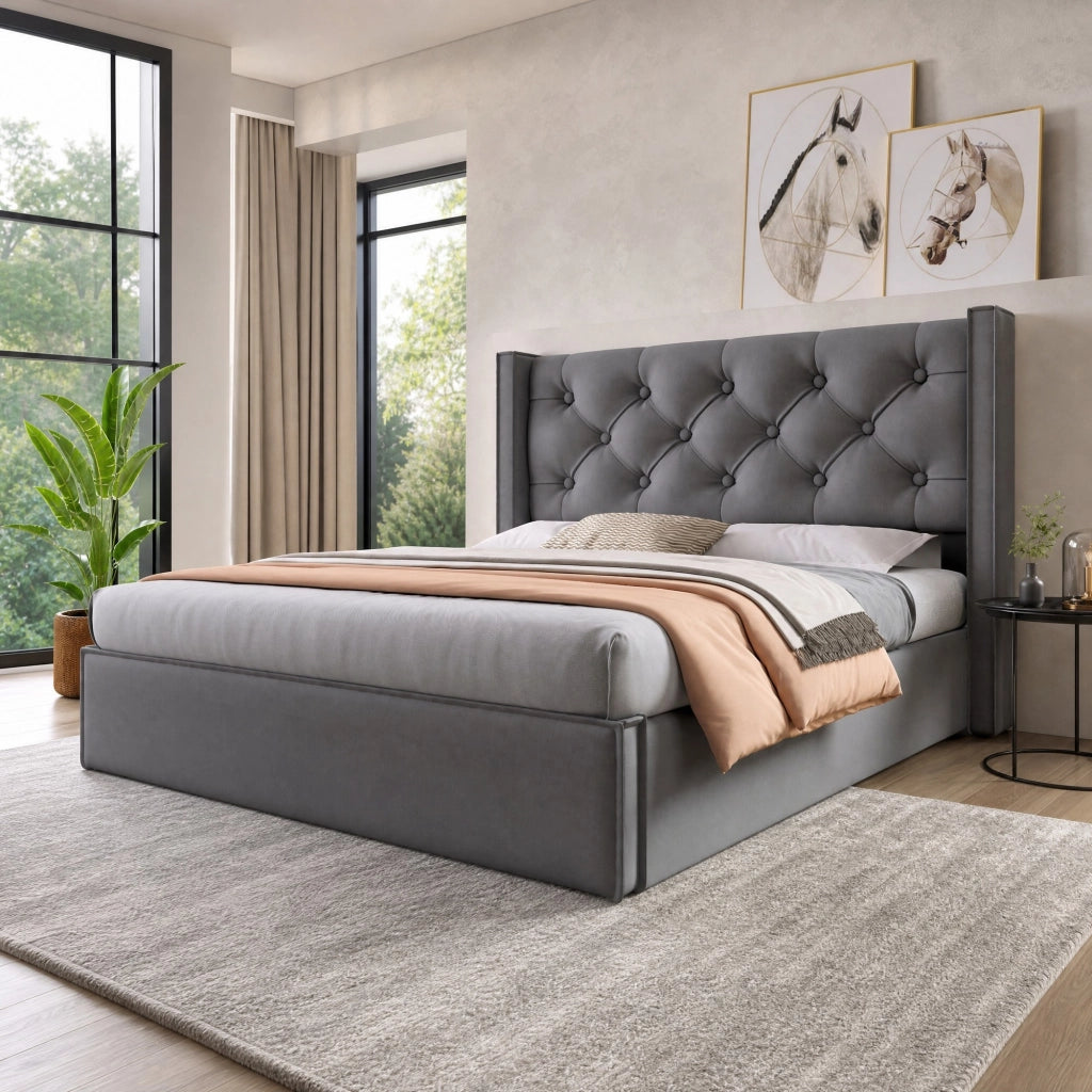 Letto matrimoniale imbottito 140x200 cm con contenitore e rete a doghe; grigio