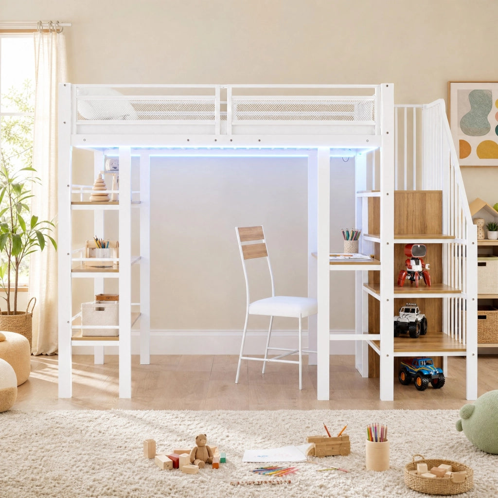 Letto a soppalco 90x200 cm in metallo con scrivania, scaffale e vano armadio, LED e presa, Bianco/Nero