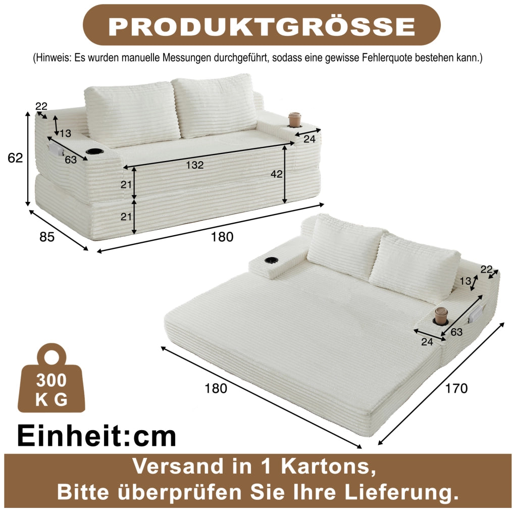 Divano letto 2-in-1 in tessuto di velluto a coste con portabicchieri e tasche laterali